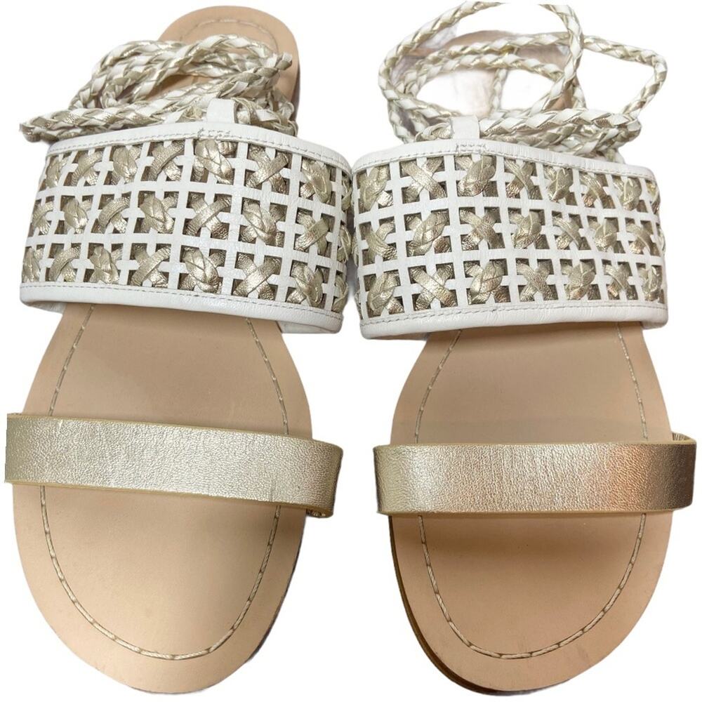 Marc Fisher Wrap Sandals Leather Cross Hatch Braided Gold White 6.5